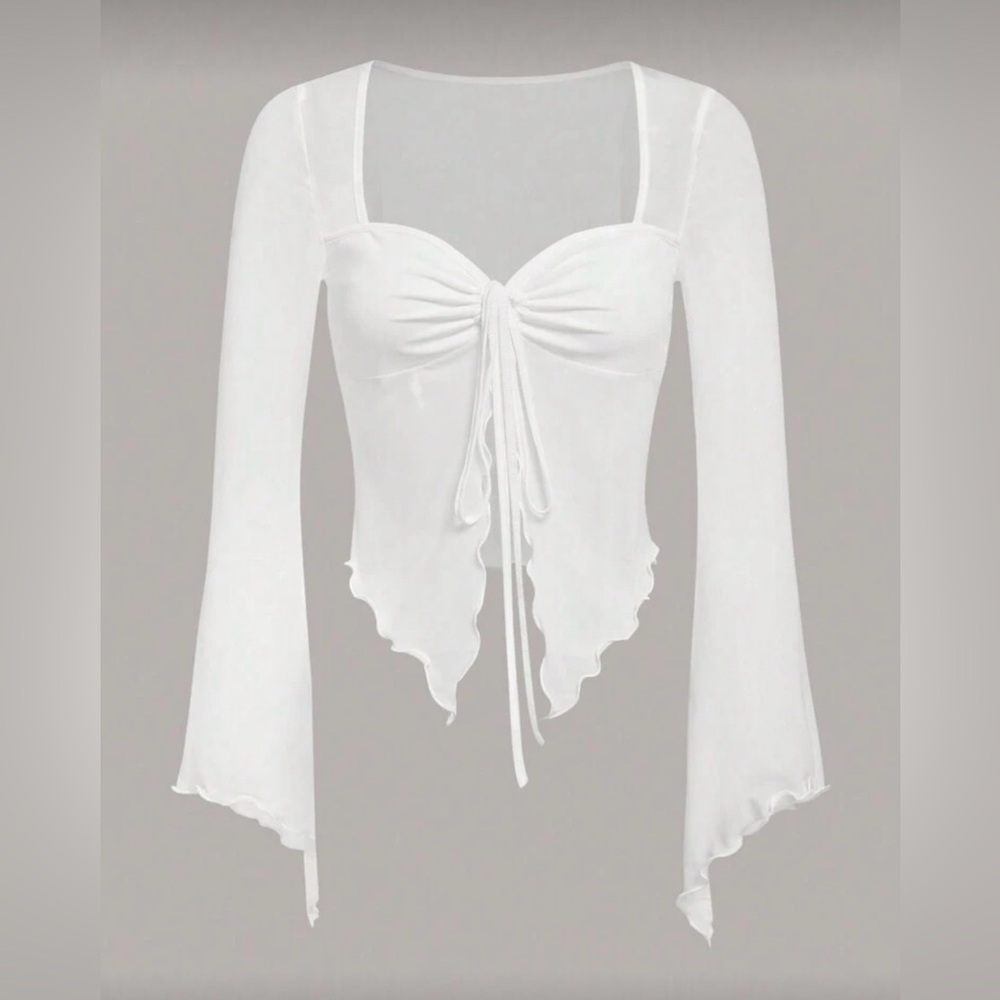 White Long Bell Sleeve Front Tie and Split Hem Top